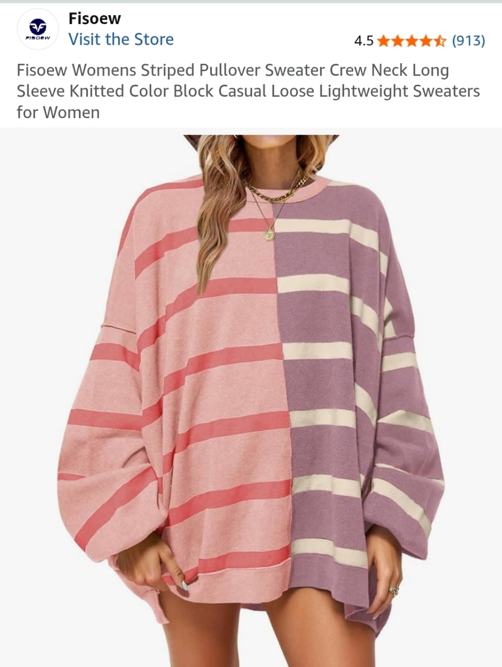 Fisoew Two-Tone Pink & Purple Striped Crewneck Sweater XL - Picture 5 of 7
